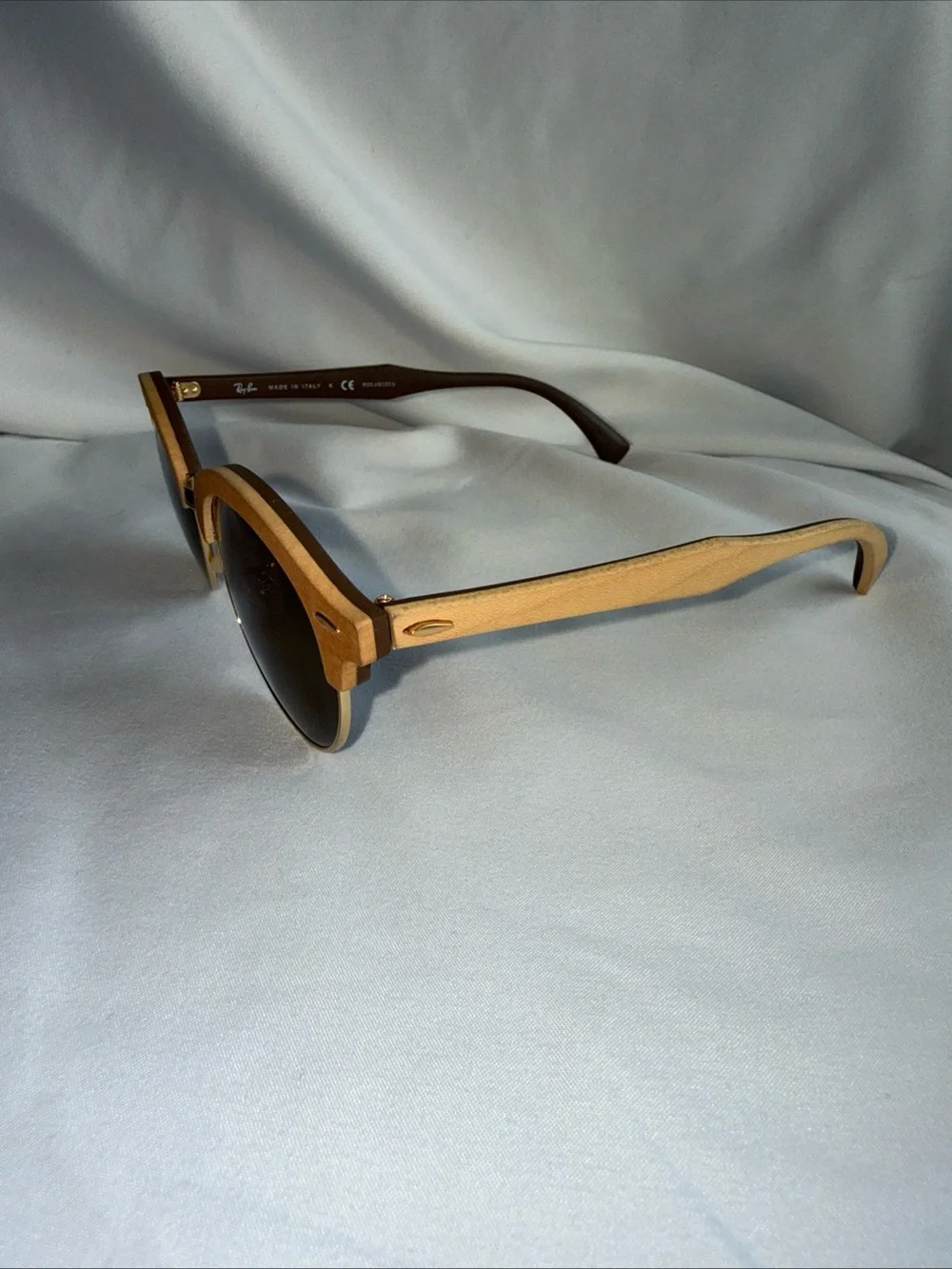 Ray-Ban Brown Wood-Style Round Frame Sunglasses with Dark Lenses